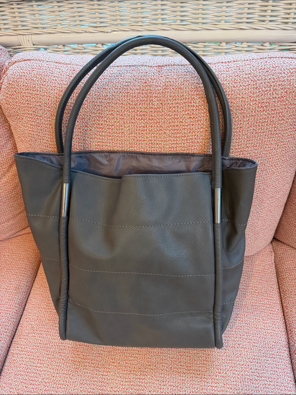 Neiman Marcus Dark Gray Pebbled Leather Tote with Round Handles